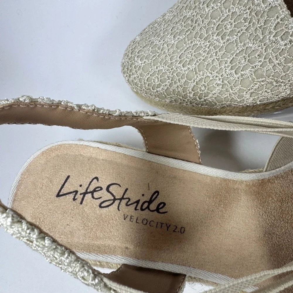 Lifestride Katrina 2‎ Espadrille wedge black lace Sz 11W slingback Women Sandals